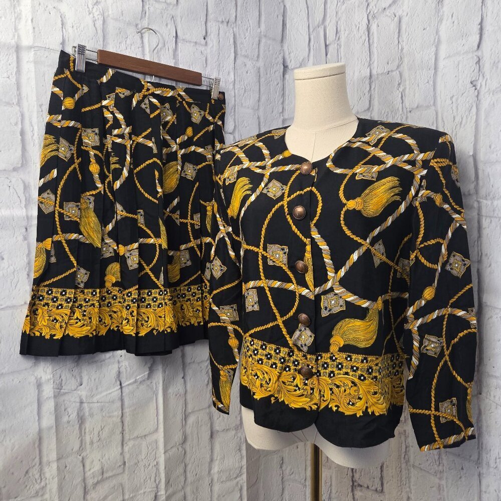 Vintage Norton McNaughton Size 10 Black Gold Chain Button Up Blazer Skirt Set - Picture 1 of 13